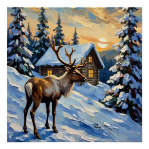 Vintage Rendier door Snowy Cabin Kerstschilderij Perfect Poster
