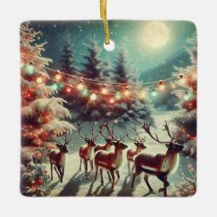 Vintage Rendieren en Kerstverlichting Personalisee Keramisch Ornament