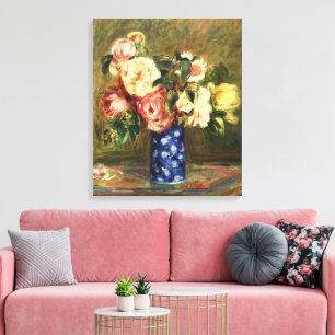 Vintage Renoir Roze Boeket in Blauwe Vaas Kunst Canvas Afdruk