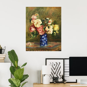 Vintage Renoir Roze Boeket in Blauwe Vaas Kunst Poster