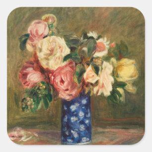 Vintage Renoir Roze Boeket in Blauwe Vaas Kunst Vierkante Sticker