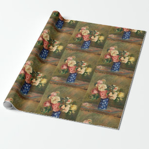 Vintage Renoir Roze Rozen Boeket Blauwe Vaas Kunst Cadeaupapier