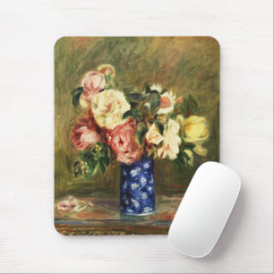 Vintage Renoir Roze Rozen Boeket Blauwe Vaas Kunst Muismat