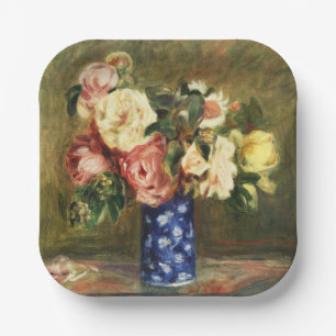 Vintage Renoir Roze Rozenboeket Blauwe Vaas Kunst Papieren Bordje