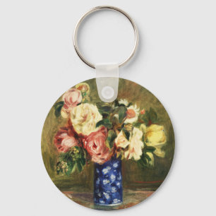 Vintage Renoir Roze Rozenboeket Blauwe Vaas Kunst Sleutelhanger