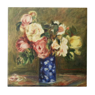 Vintage Renoir Roze Rozenboeket Blauwe Vaas Kunst Tegeltje
