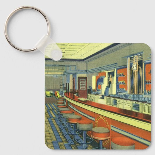 Vintage Restaurant, Retro Wegrestaurant Interieur Sleutelhanger (Voorkant)