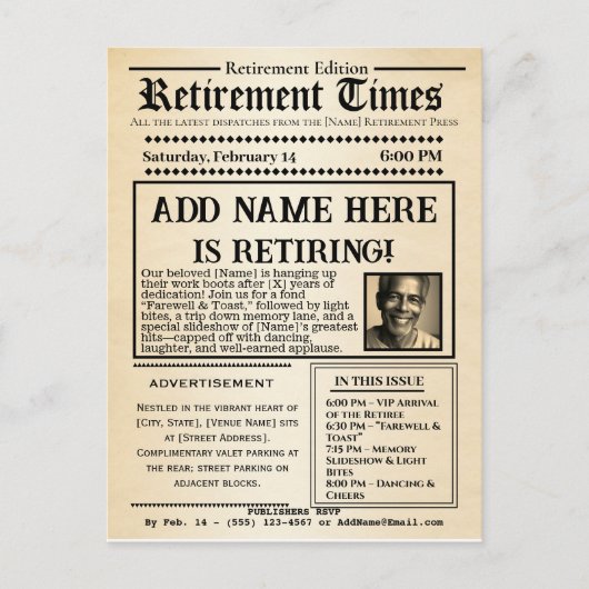 Vintage “Retirement Times” Newspaper Invitation  Briefkaart (Voorkant)