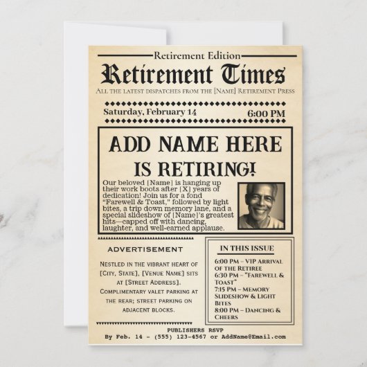 Vintage “Retirement Times” Newspaper Invitation  Kaart (Voorkant)