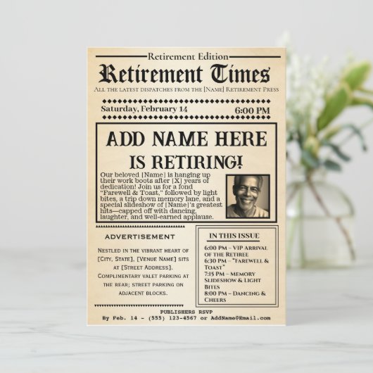 Vintage “Retirement Times” Newspaper Invitation  Kaart (Staand voorkant)
