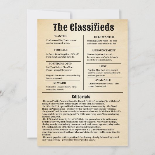 Vintage “Retirement Times” Newspaper Invitation  Kaart (Achterkant)