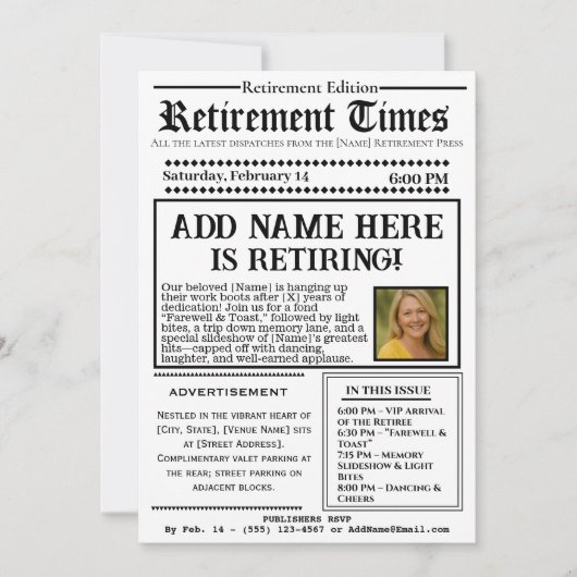 Vintage “Retirement Times” Newspaper Invitation Kaart (Voorkant)