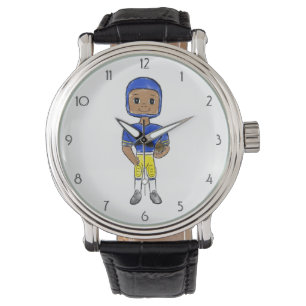 vintage retro blauw geel voetballer eenvoudig  horloge