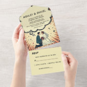 Vintage Retro Bride & Groom Pop Art Comic Wedding All In One Uitnodiging (Afscheurbaar)