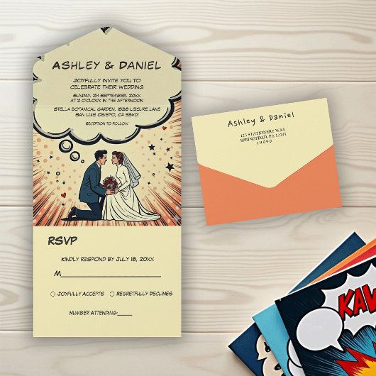 Vintage Retro Bride & Groom Pop Art Comic Wedding All In One Uitnodiging