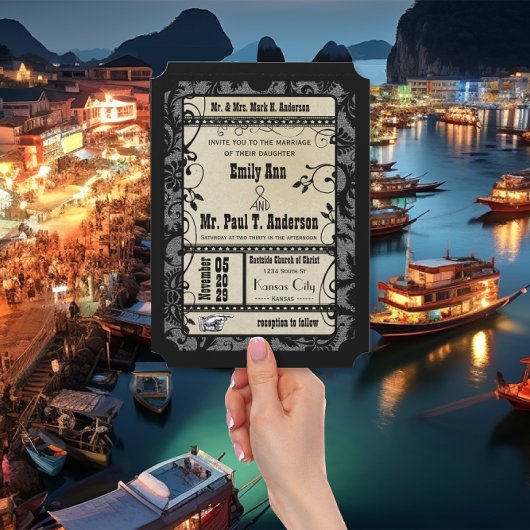 Vintage Retro Broadway Rustic Movie Ticket Wedding Kaart