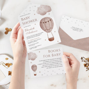 Vintage Retro Bruine Heet Luchtballon Baby Shower All In One Uitnodiging