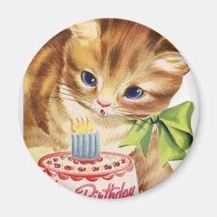 Vintage Retro Cat Kitten Birthday Cake Greeting Magneet