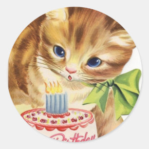 Vintage Retro Cat Kitten Birthday Cake Greeting Ronde Sticker