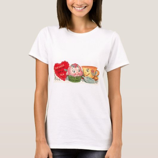 Vintage Retro Cupcake en Teacup Valentijnsdag T-shirt (Voorkant)