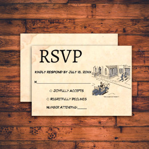 Vintage Retro Funny Comic Couple Rustic Wedding RSVP Kaartje