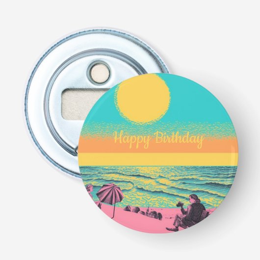 Vintage/retro geïnspireerd, strand  button flesopener (Voorkant)