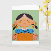 Vintage Retro Girl Knitting Kaart (Gele Bloem)
