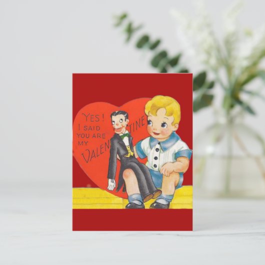 Vintage Retro Jongen & Buikspreker ProefValentijn Feestdagenkaart (Staand voorkant)