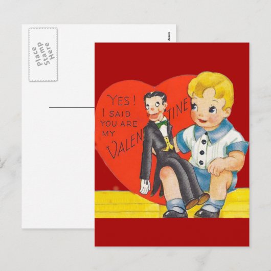 Vintage Retro Jongen & Buikspreker ProefValentijn Feestdagenkaart (Voorkant / Achterkant)