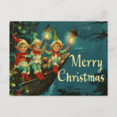 Vintage Retro Kerstmis: Gelukkige Elfen Feestdagenkaart (Voorkant)