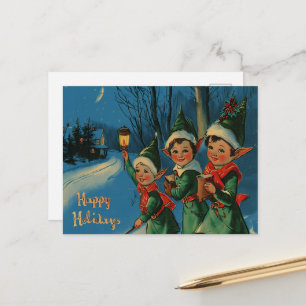 Vintage Retro Kerstmis: Gelukkige Elfen Feestdagenkaart