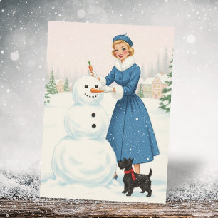 Vintage Retro Kerstmis Vrouw met Scotty Dog Feestdagenkaart