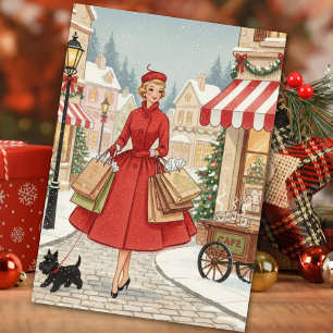 Vintage Retro Kerstmis Vrouw Met Scotty Dog Feestdagenkaart