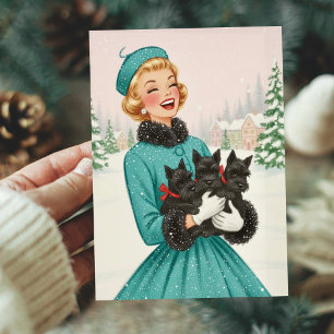 Vintage Retro Kerstmis Vrouw Met Scotty Honden Feestdagenkaart