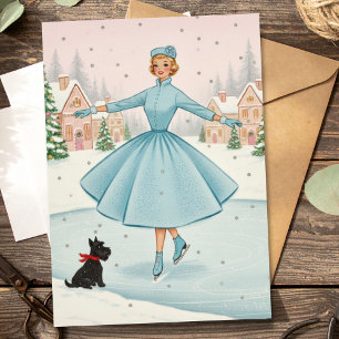 Vintage Retro Kerstvrouw Met Scotty Dog Feestdagenkaart