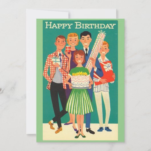 Vintage Retro-Kinderen met Cake Happy Birthday Feestdagenkaart (Voorkant)