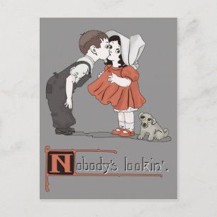 Vintage Retro Kissende Kinderen met Puppy Briefkaa Briefkaart