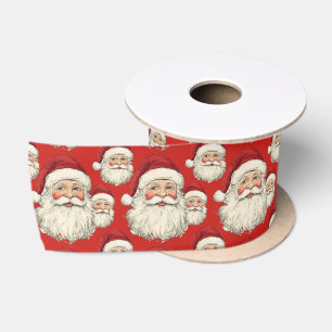 Vintage Retro Lachende Kerstman Gezicht Rood Satijnen Lint
