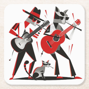 Vintage Retro MCM Beatnik Katten die Gitaren Spele Kartonnen Onderzetters