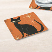 Vintage Retro MCM Zwarte Kat Sterren Oranje Zwart Kartonnen Onderzetters (Schuin)