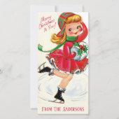 Vintage Retro Meisje IJs Schaatsster Op Maat Gemaa Feestdagenkaart (Voorkant)