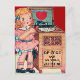 Vintage Retro Meisje Platenspeler Valentijnkaart Feestdagenkaart