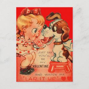 Vintage Retro Meisje & Puppy Valentijnkaart Feestdagenkaart