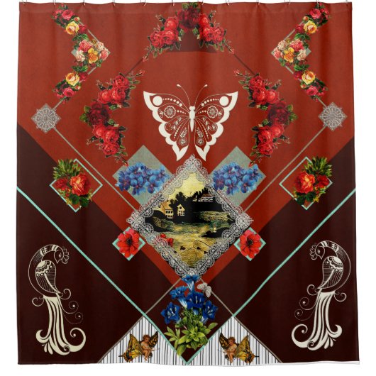 vintage Retro met kant en bloemen Douchegordijn (Voorkant)