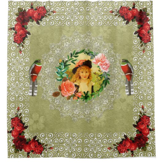 vintage Retro met kant en bloemen Douchegordijn (Voorkant)