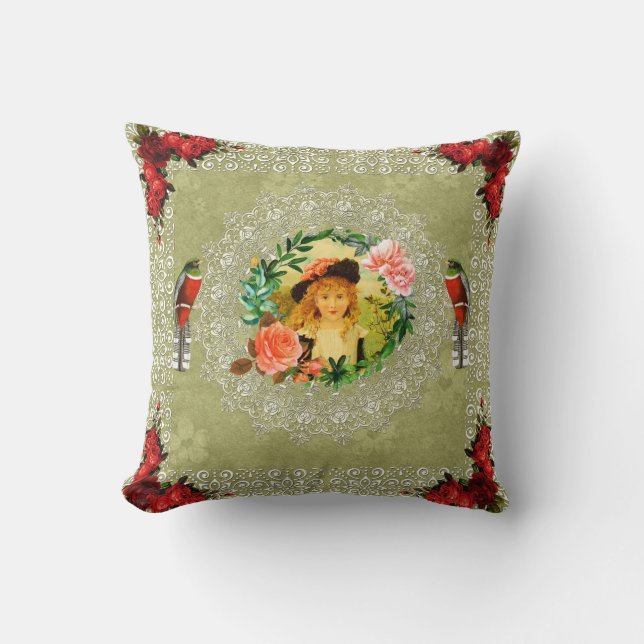 vintage Retro met kant en bloemen Kussen (Voorkant)
