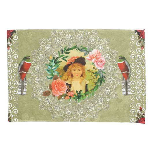 vintage Retro met kant en bloemen Kussensloop (Voorkant-Links)