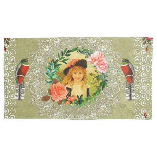 vintage Retro met kant en bloemen Kussensloop (Voorkant-Links)