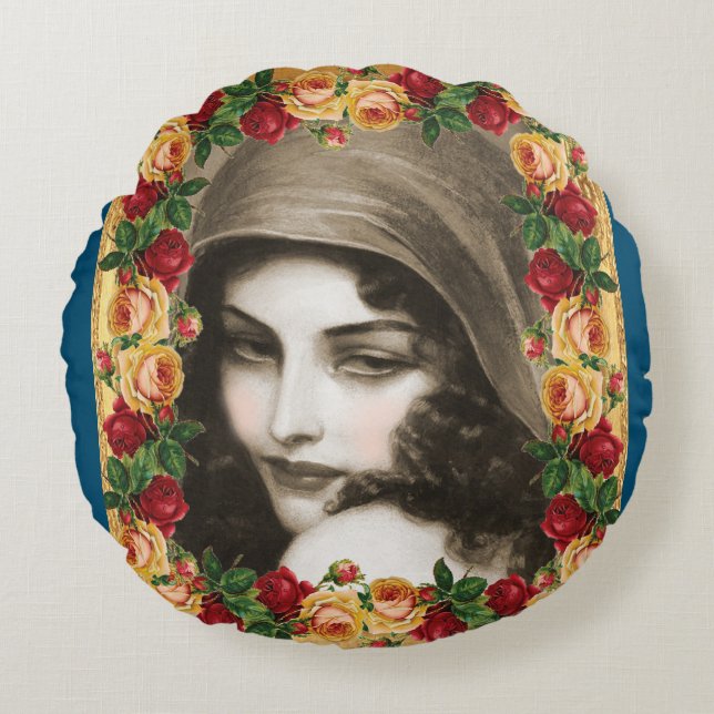 vintage Retro met kant en bloemen Rond Kussen (Voorkant)