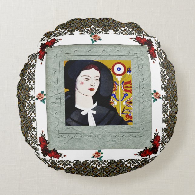 vintage Retro met kant en bloemen Rond Kussen (Voorkant)